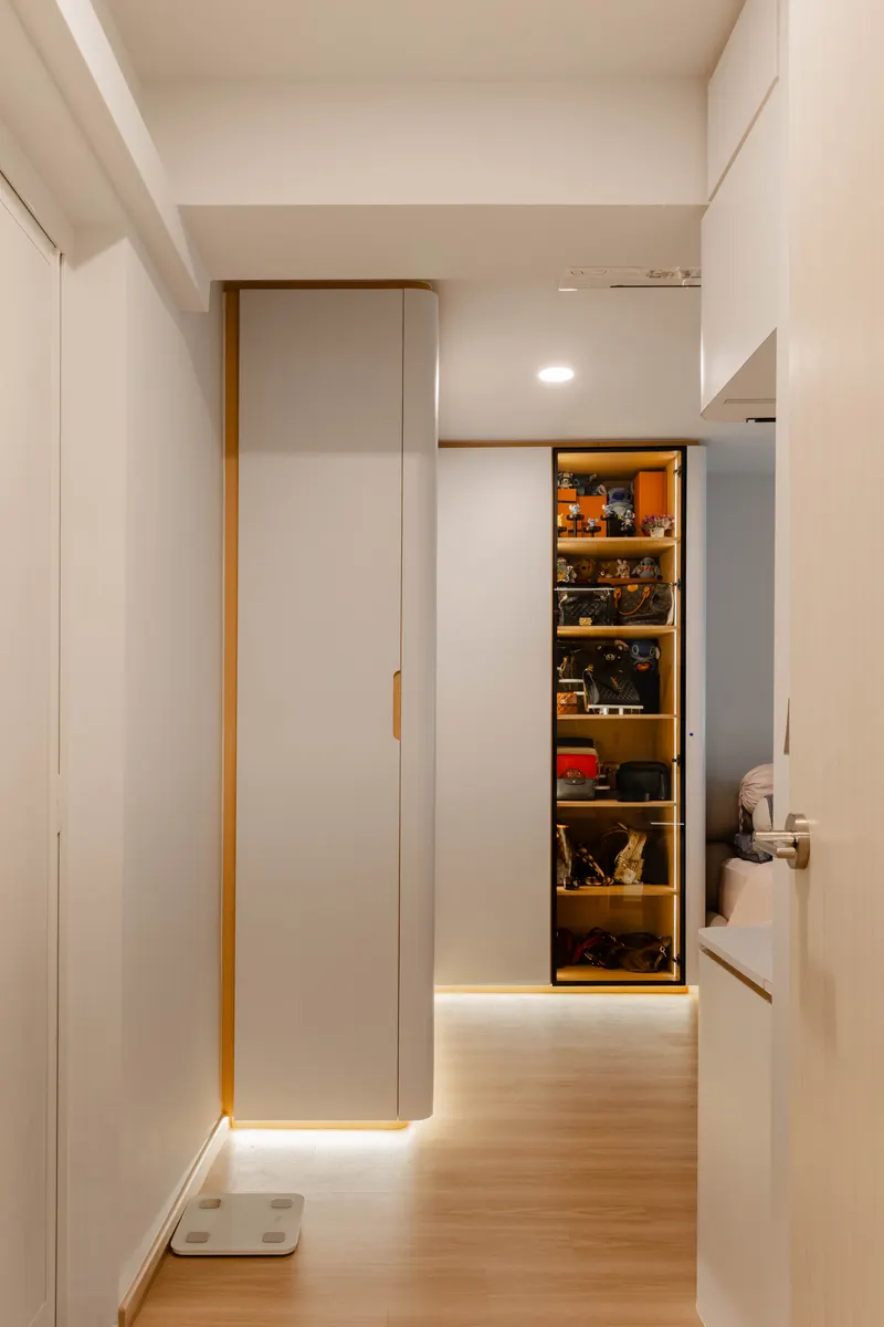 Open wardrobe glowing warm